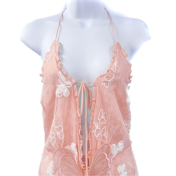 For Love & Lemons Beckett Lace Sheer Butterfly Sequin Bodysuit Maxi Dress Pink - Picture 7 of 16
